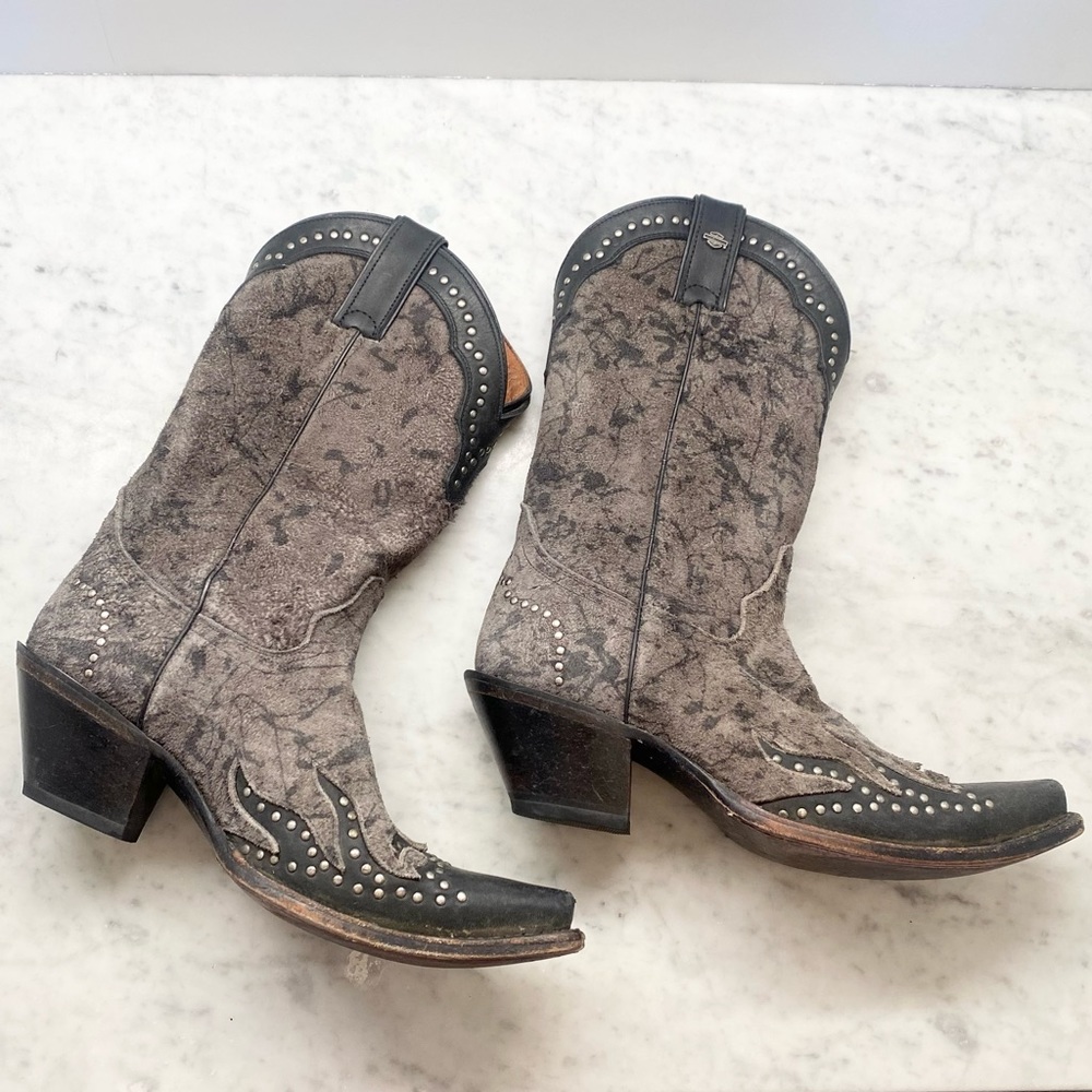 Harley-Davidson Gray Suede Black Leather Flame Studded Tall Cowboy Boots 9.5 - Picture 2 of 9
